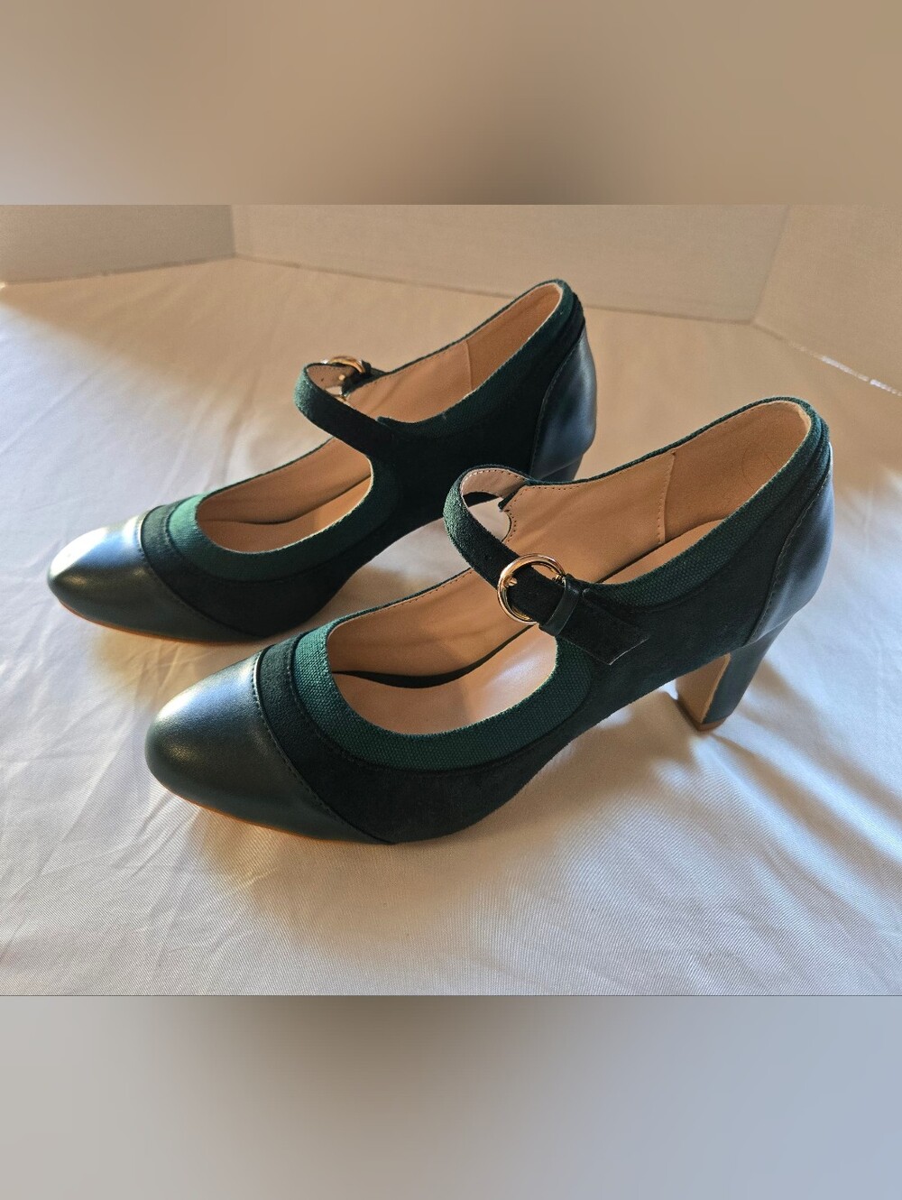 FOWT Women's Mid Kitten Heel Mary Jane Pumps Dark Green Buckled Shoes Size 12M